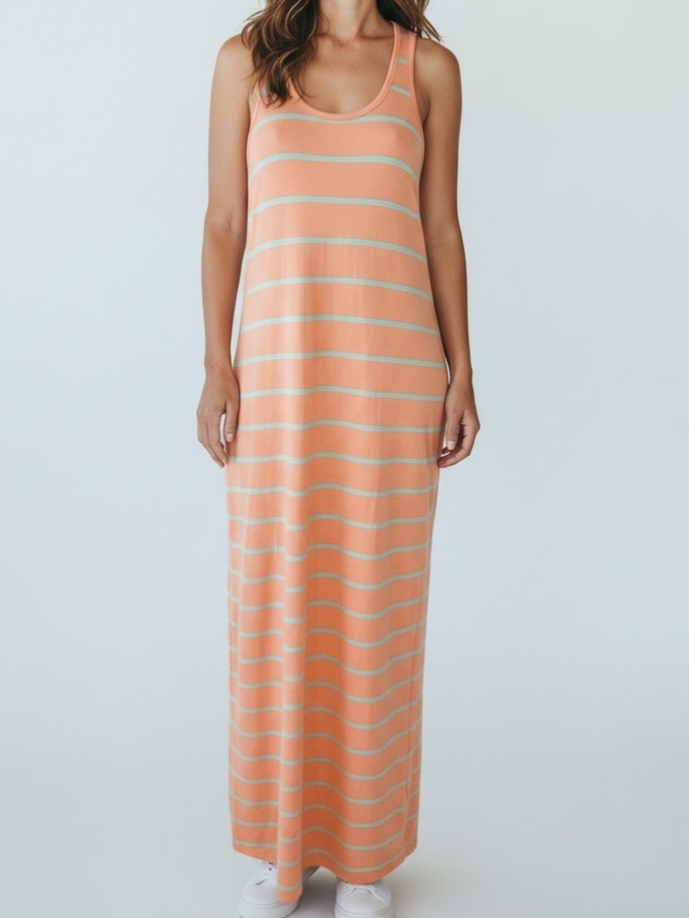 Kirra Striped Maxi Dress Coral Racerback Bodycon Stretch Casual Summer Dress
